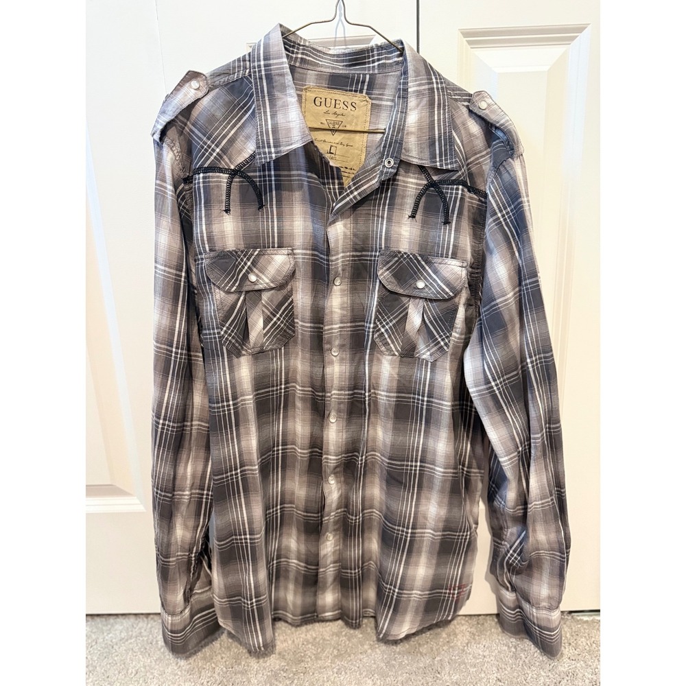 Guess Mens Grey Tan Plaid Pearl Snap Button Down Shirt Long Sleeve L Western